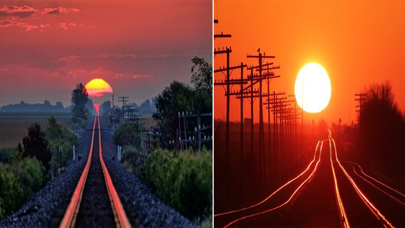 Capturing the Mesmerizing Reflection: The Annual Moment When the Sun Aligns with Railroad Tracks